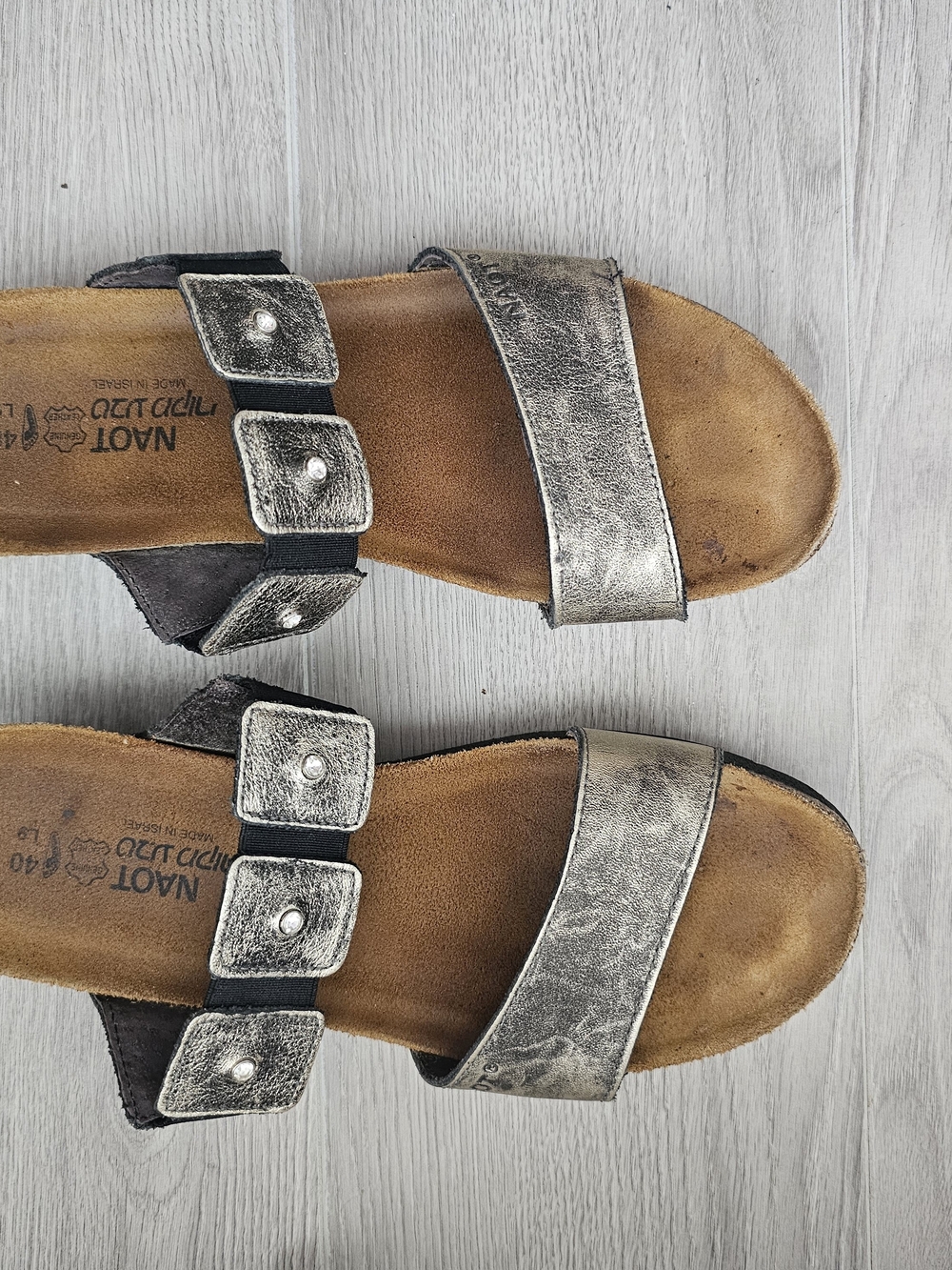 Naot Metallic Silver Two-strap Slide Sandals
